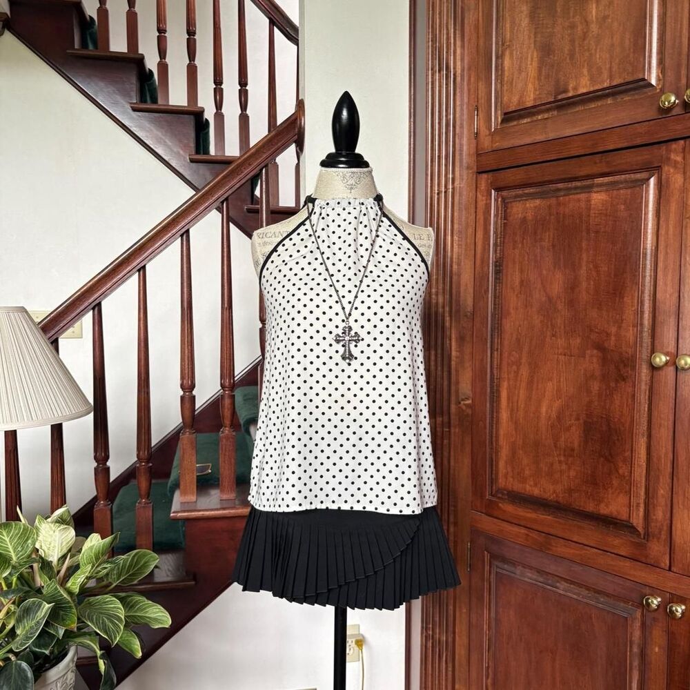 Lila Polka Dot Black and White Halter Blouse Satin Business Work Office